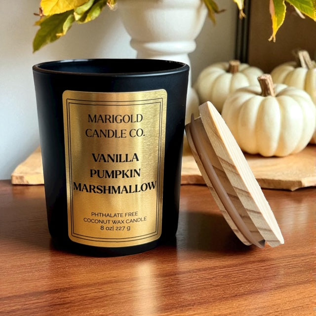 Vanilla Pumpkin Marshmallow| Fall Candle | Coconut Wax| 8 oz Matte Black Jar with Wood Lid