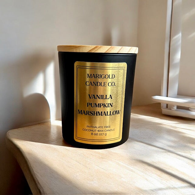 Vanilla Pumpkin Marshmallow| Fall Candle | Coconut Wax| 8 oz Matte Black Jar with Wood Lid
