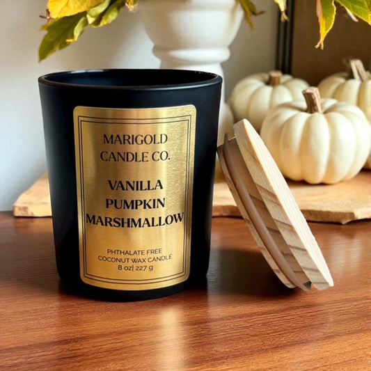 Vanilla Pumpkin Marshmallow| Fall Candle | Coconut Wax| 8 oz Matte Black Jar with Wood Lid
